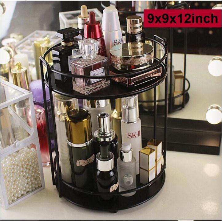 Double Layer Cosmetic Organizer – Premium Black Glass & Gold Metal Makeup Display Stand | Elegant Vanity Storage Rack