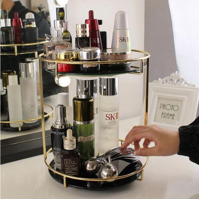 Double Layer Cosmetic Organizer – Premium Black Glass & Gold Metal Makeup Display Stand | Elegant Vanity Storage Rack