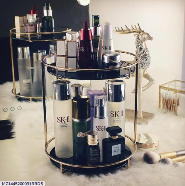 Double Layer Cosmetic Organizer – Premium Black Glass & Gold Metal Makeup Display Stand | Elegant Vanity Storage Rack