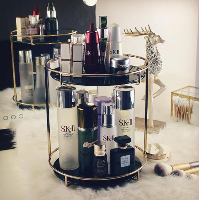Double Layer Cosmetic Organizer – Premium Black Glass & Gold Metal Makeup Display Stand | Elegant Vanity Storage Rack