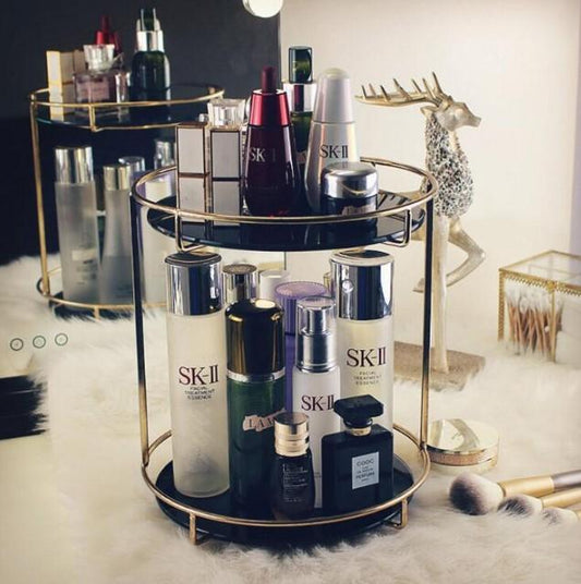 Double Layer Cosmetic Organizer – Premium Black Glass & Gold Metal Makeup Display Stand | Elegant Vanity Storage Rack